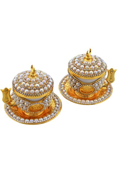 Sena Lale Saplı Tuğralı 2 Kişilik Incili Taşlı 8 Parça Altın Renk Fincan Takımı