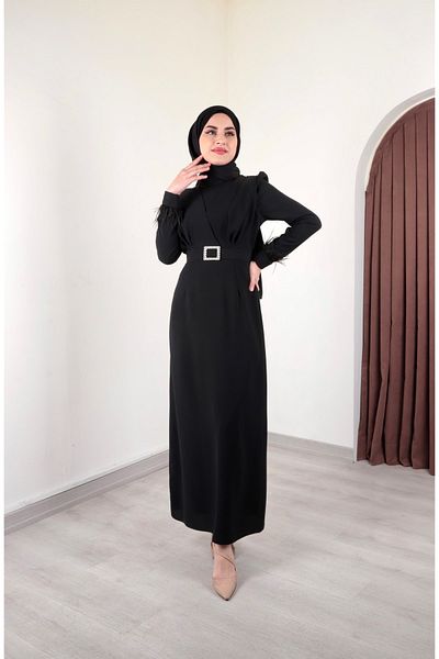 Aranlı tekstil Φόρεμα Hijab μανίκια σε μορφή μολυβιού με λεπτομέρεια από πούπουλα