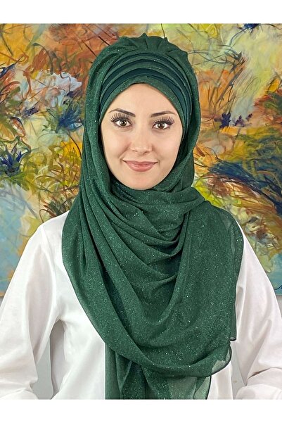 BUTİKAMBAR Topkapı Çapraz Fransız Şifon Drapeli Simli Zümrüt Yeşili Hazır Şal