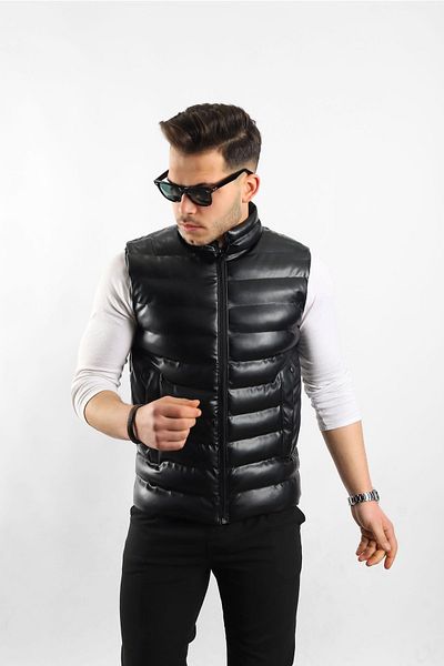 PRİFALDİ Rain and Wind Proof Fiber Filled Black Inflatable Men's Leather Vest