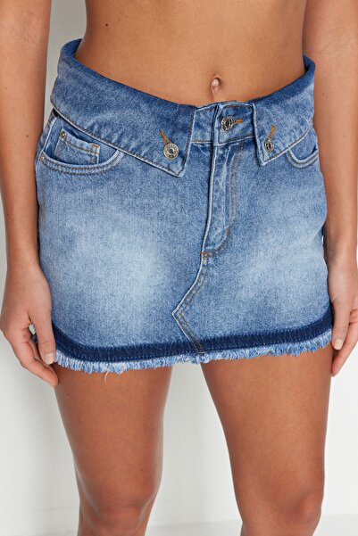 Trendyol Collection Kék mini farmer bojtos 100% pamut szoknya TBESS23ET00032