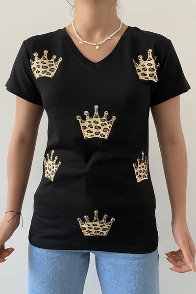 FEMELLE Tricou negru din bumbac cu decolteu în V Leopard King Crown brodat cu paiete