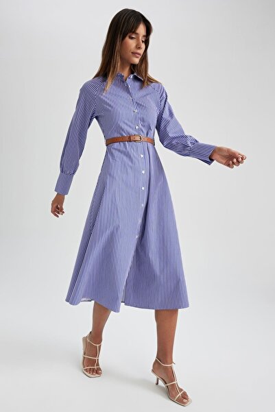 DeFacto Πουκάμισο γιακά με ριγέ Raglan μανίκι Maxi φόρεμα 100% βαμβακερό