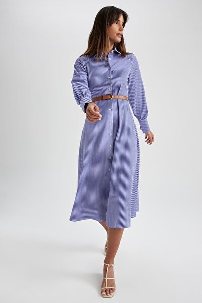 DeFacto Πουκάμισο γιακά με ριγέ Raglan μανίκι Maxi φόρεμα 100% βαμβακερό