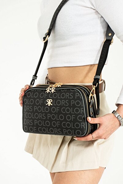 Paul Brand Kadın Siyah 5 Bölmeli Monogram Postacı Omuz Çantası 28x17cm Mds3011