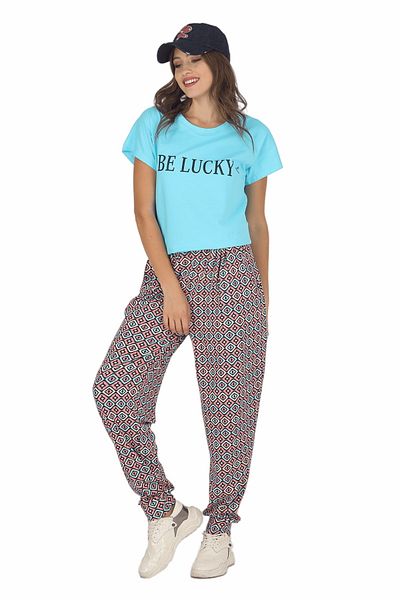 VocalMood Set de pijamale largi pentru femei, cu modele de culoare albastră, Lady 10016