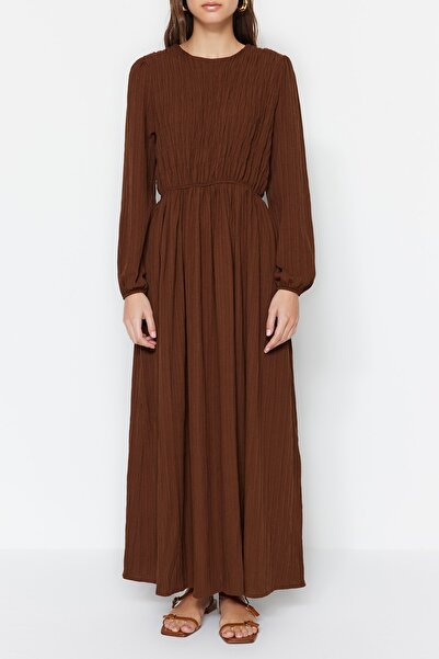 Trendyol Modest Καφέ ελαστικό φόρεμα μέσης Gipe Λεπτομερές υφαντό TCTSS23EB00026