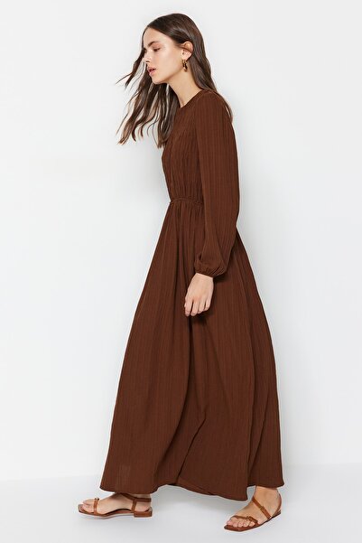 Trendyol Modest Καφέ ελαστικό φόρεμα μέσης Gipe Λεπτομερές υφαντό TCTSS23EB00026