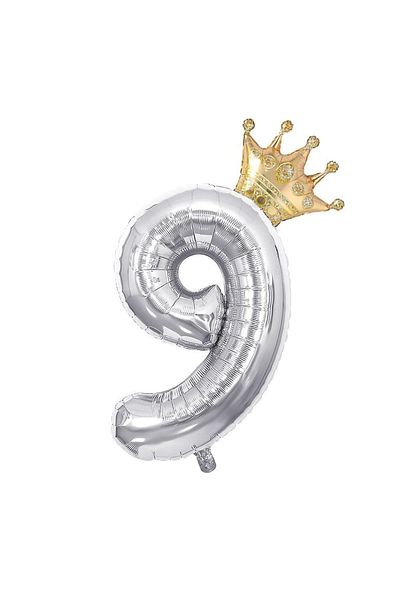 Patladı Gitti 9 Silver Numbers And Gold King Crown Foil Balloon Birthday Party Celebration Set