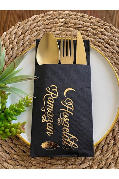 kidspartim Χαρτοπετσέτα Ramadan Welcome - 12 τμχ 40x40 με μαύρη τσέπη με χρυσό επιχρυσωμένο