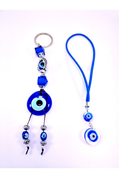 Ennea Art Cam Nazar Boncuğu Anahtarlık+iki Boncuklu Araba Dikiz Ayna Süsü Set...