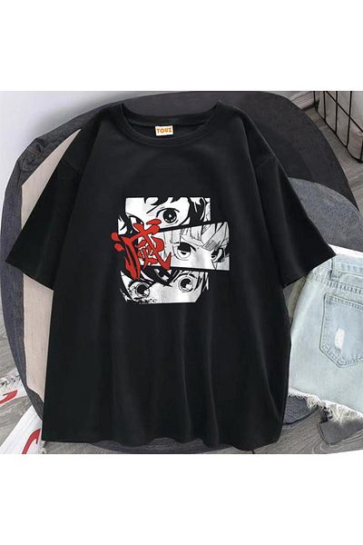 Touz Demon Slayer Eyes εμπριμέ μαύρο μπλουζάκι Unisex Oversize