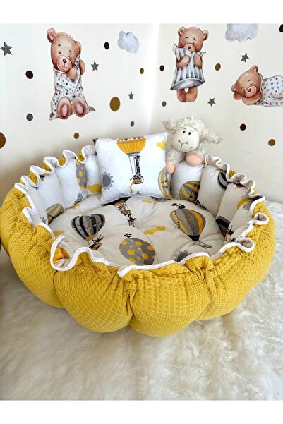 Babynest Yuvarlak Yatak/oyun Minderi Ve Yastığı Hardal Pikeli Ve Poplin Desenli