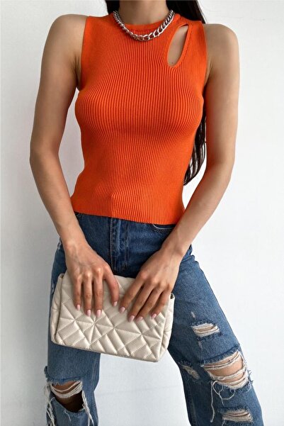 FEMELLE Women's Orange Standard Size Lycra Design Knitwear Blouse