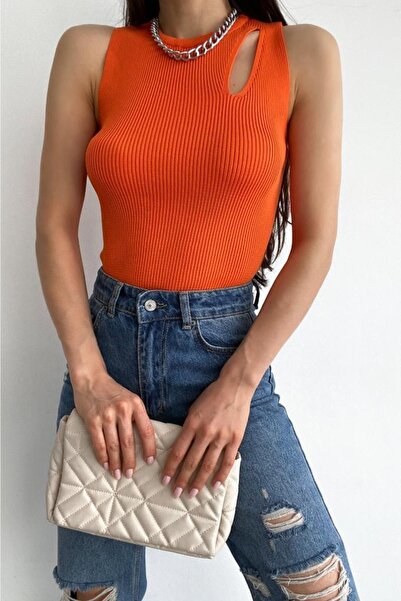 FEMELLE Women's Orange Standard Size Lycra Design Knitwear Blouse