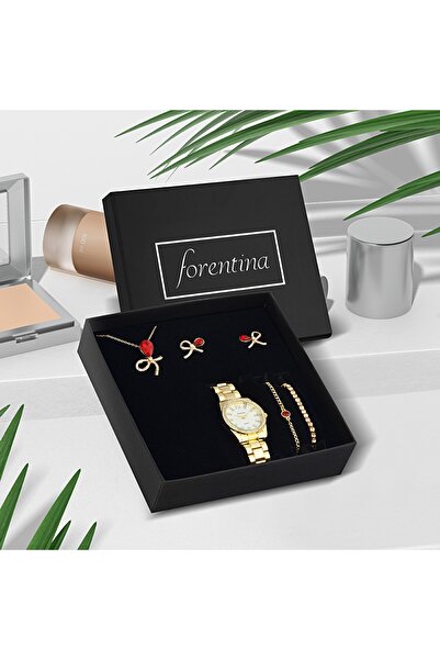 Forentina Kurdela Modeli Kırmızı Taşlı Takı Seti- Saat Hediye Set - Ps236000tr