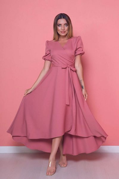 vuvutasarım Women's Flexible Atlas Fabric Sash Detailed Asymmetrical Cut Double Breasted Collar Dusty Rose Evening Dress 410