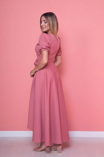 vuvutasarım Women's Flexible Atlas Fabric Sash Detailed Asymmetrical Cut Double Breasted Collar Dusty Rose Evening Dress 410