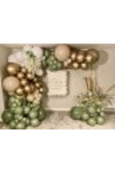 MERİ PARTİ 60 Balloons And Balloon Chain Mold Green Sea Sand White And Gold Chrome Balloon Concept Balloon