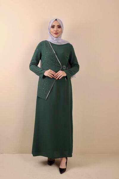 EZEL Büyük Beden Işleme Detaylı Kapaklı Yeşil Krep Elbise-48 - Yeşil