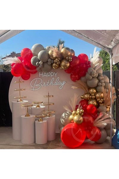 MERİ PARTİ 100 Pieces Balloons and Balloon Chain Red Gray Gold Chrome Balloon Birthday Concept Balloon Chain