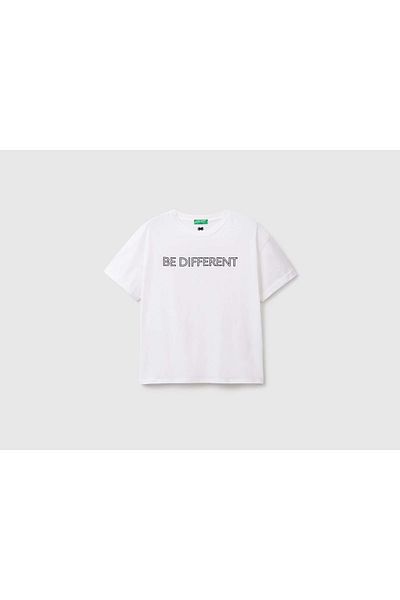 United Colors of Benetton Weißes Damen-T-Shirt mit „Mix Be“-Slogan-Print und bequemer Passform