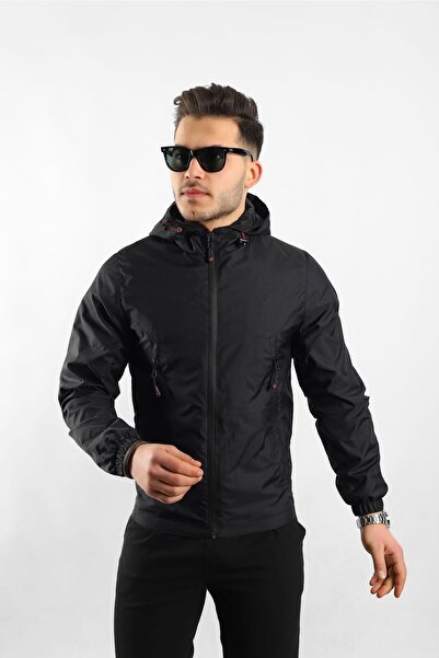 PRİFALDİ Yağmur Ve Rüzgar Geçirmez Kapüşonlu Erkek Siyah Mevsimlik Ceket