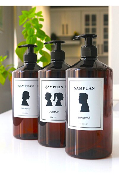 Dem Home Amber Cam Görünümlü Plastik Banyo 3lü Kadın-erkek-çocuk Resimli Şampuan Şişe Seti 1 Litre