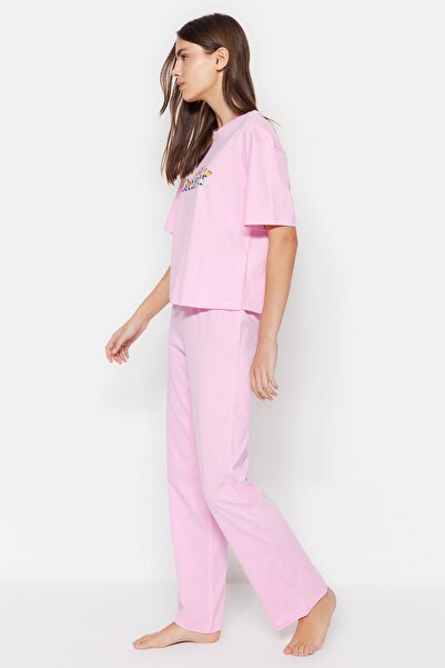 Trendyol Collection Light Pink Slogan Printed Cotton Pajamas Set - T-Shirt and Pants Thmss23Pt00134