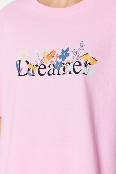 Trendyol Collection Light Pink Slogan Printed Cotton Pajamas Set - T-Shirt and Pants Thmss23Pt00134