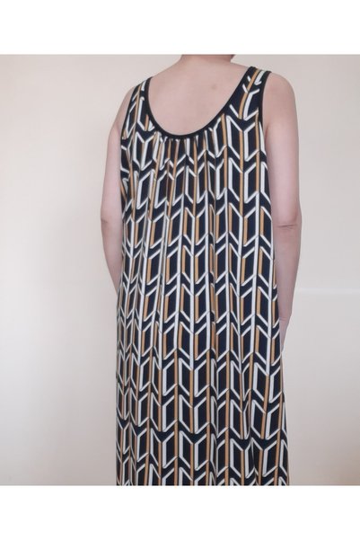 Mertcan Butik Black Patterned Combed Cotton Viscose Dress with Gathered Front and Back