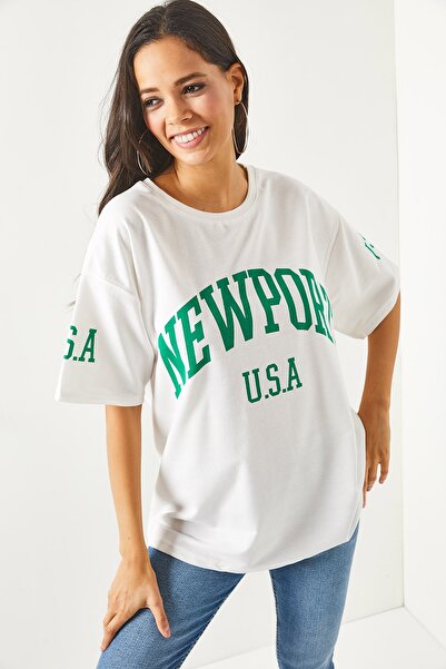 Olalook Γυναικείο μπλουζάκι Newport White μπροστά και πίσω με στάμπα Oversize TSH- 19000696