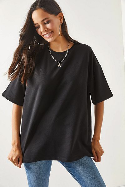 Olalook Tricou supradimensionat unisex cu 2 fire pentru femei, negru simplu, față în spate TSH-19000696