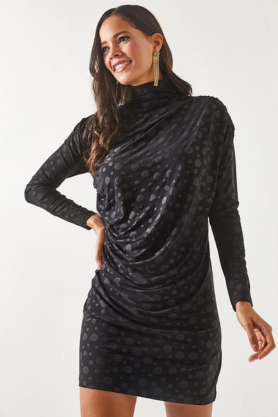 Olalook Women's Polka Dot Black High Collar Ruffle Detailed Mini Sandy Dress ELB-19001826