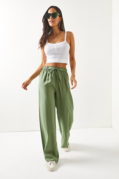 Olalook Dámske khaki nohavice s elastickým pásom Palazzo Ayrobin PNT-19000200