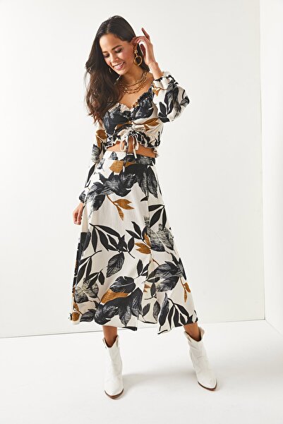 Olalook Women's White Black Top Blouse Bottom Slit Skirt Set TKM-19000188