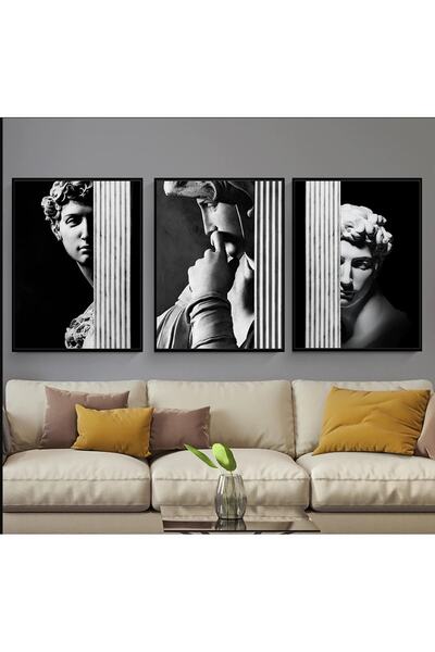 Linacci Üçlü Siyah Alüminyum Metal Çerçeveli Heykel Sanatsal Camlı Poster Tablo Seti