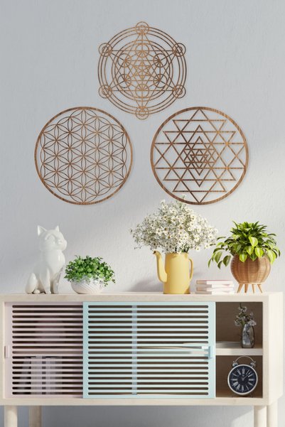 UNT Ahşap Yaşam Çiçeği Sri Yantra Metatron Bolluk Bereket Sembolleri Üçlü Dekoratif Tablo Duvar Süsü