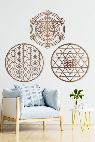UNT Ahşap Yaşam Çiçeği Sri Yantra Metatron Bolluk Bereket Sembolleri Üçlü Dekoratif Tablo Duvar Süsü
