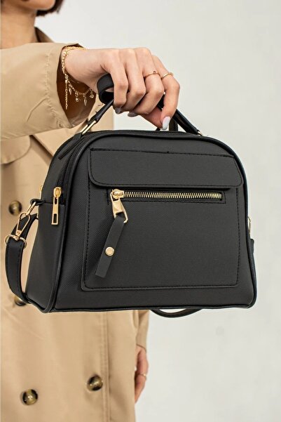 Makeuptime Black Leather Two-Compartment Adjustable Shoulder Strap Women's Hand and Shoulder Bag 8876