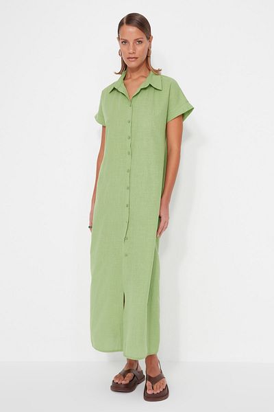 Trendyol Collection Rochie de plajă, 100% bumbac, țesută maxi, verde, cu tăiere largă TBESS23EL00094
