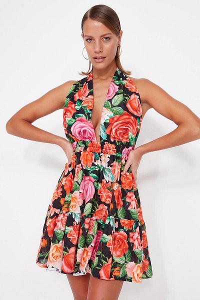 Trendyol Collection Μίνι υφασμένο εξώπλατο φλοράλ μοτίβο 100% βαμβακερό φόρεμα παραλίας TBESS23EL00163