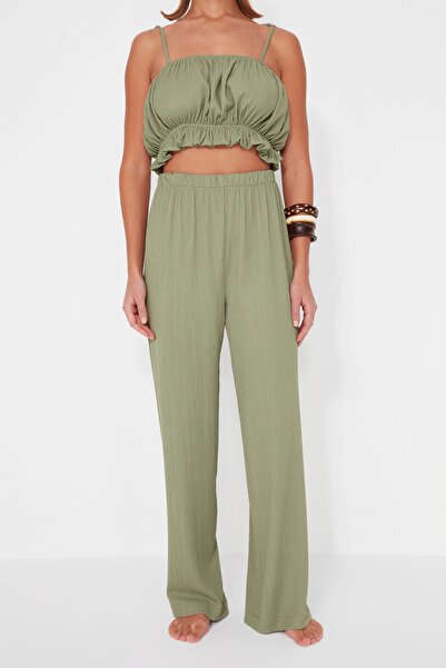 Trendyol Collection Green Woven Ruffle Blouse Pants Set TBESS23AU00113