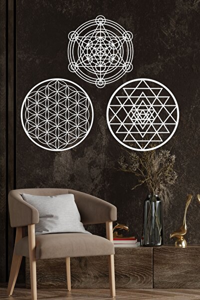 UNT Ahşap Yaşam Çiçeği Sri Yantra Metatron Bolluk Bereket Sembolleri Üçlü Dek...