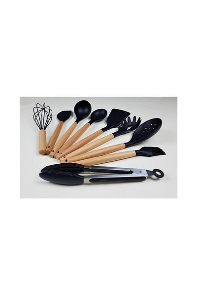 morponi 9 Piece Bamboo Handle Silicone Ladle Spatula Kitchen Set Black