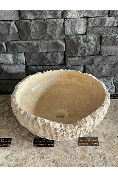 Polen Stone Traverten Doğal Taş Patlatma Modeli Çanak Lavabo 42x15