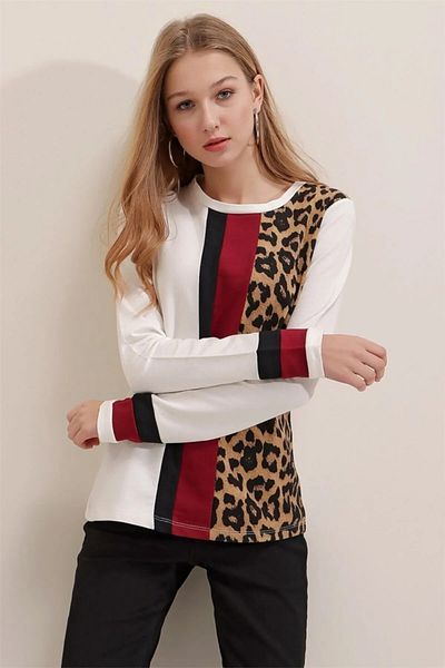 AQE FASHION Bluză cu mânecă lungă pieptănată cu două fire de leopard, cu detaliu în dungi, pentru damă