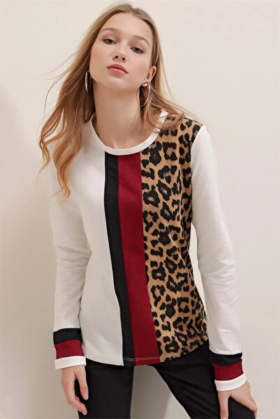 AQE FASHION Γυναικεία λεπτομέρεια ριγέ λαιμόκοψη λεοπάρ μπλούζα με δύο κλωστές χτενισμένη μακρυμάνικη μπλούζα