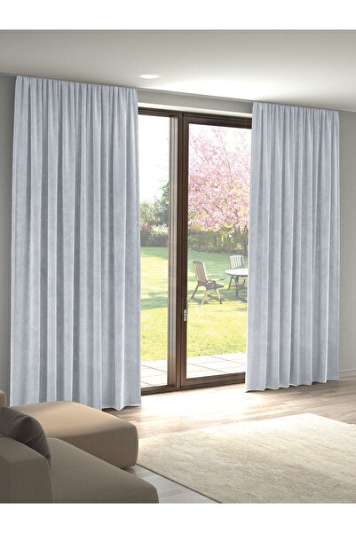 Pastel Kadife Dokulu Beyaz Ada Fon Perde Ekstrafor Büzgülü