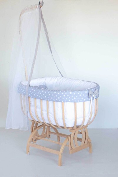 Baby Tech Saraylı Naturel Ahşap Sepet Beşik - Gri Yıldızlı Uyku Seti